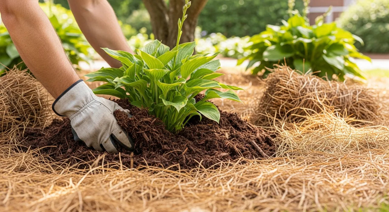 Professional landscaper spreading fresh brown mulch and pine straw
