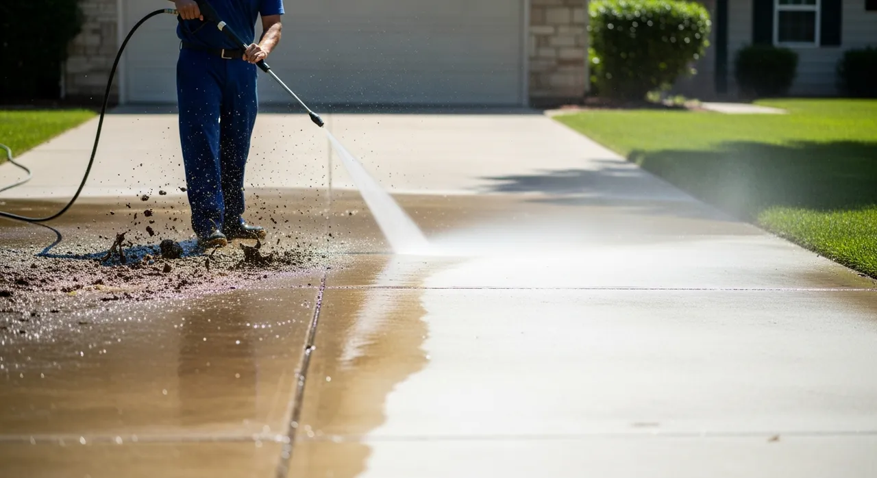 Professional pressure washing service cleaning a driveway
